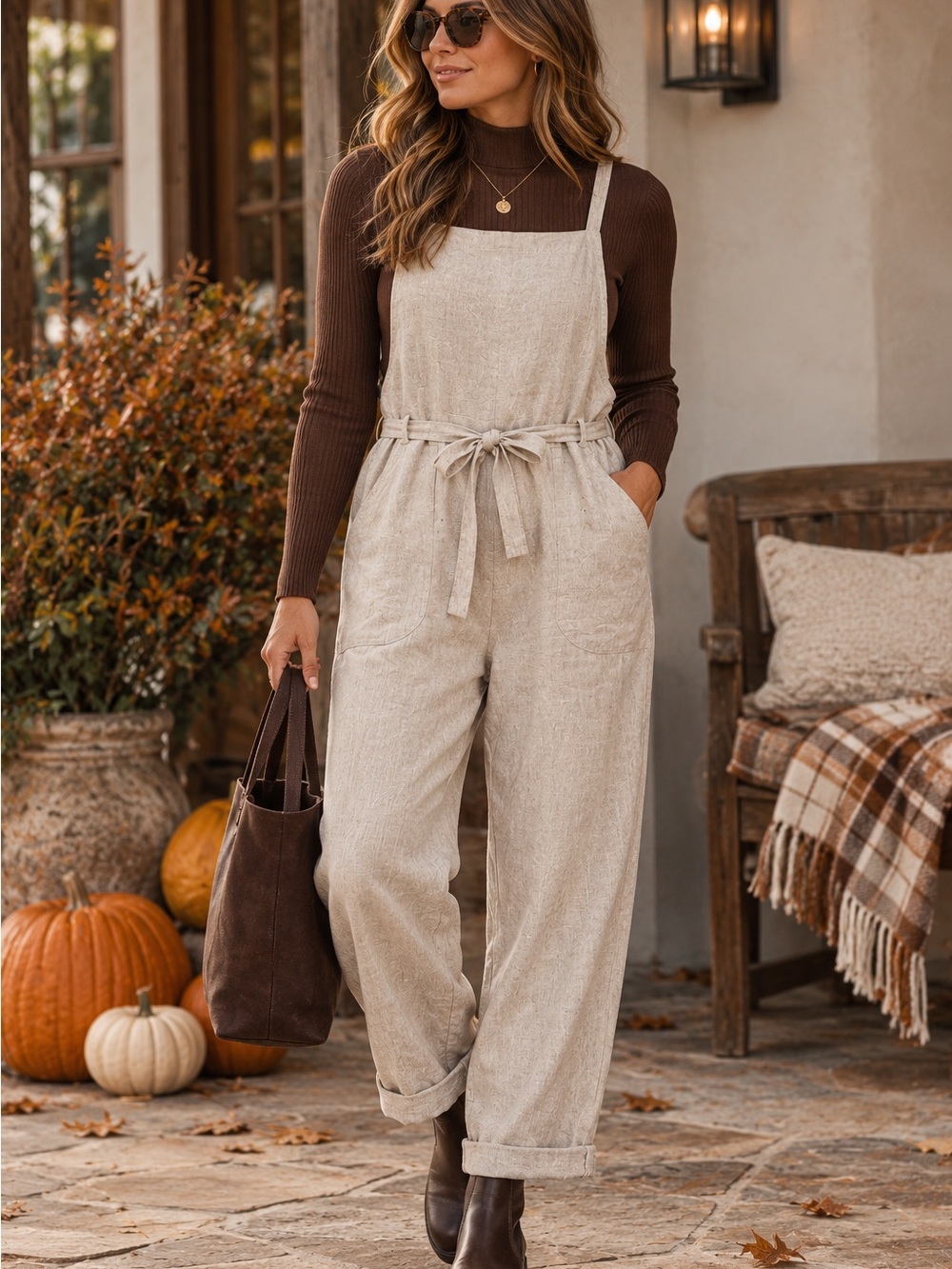 NWT &merci Linen Cotton Utility Jumpsuit Cream Beige Tie Front Overalls
